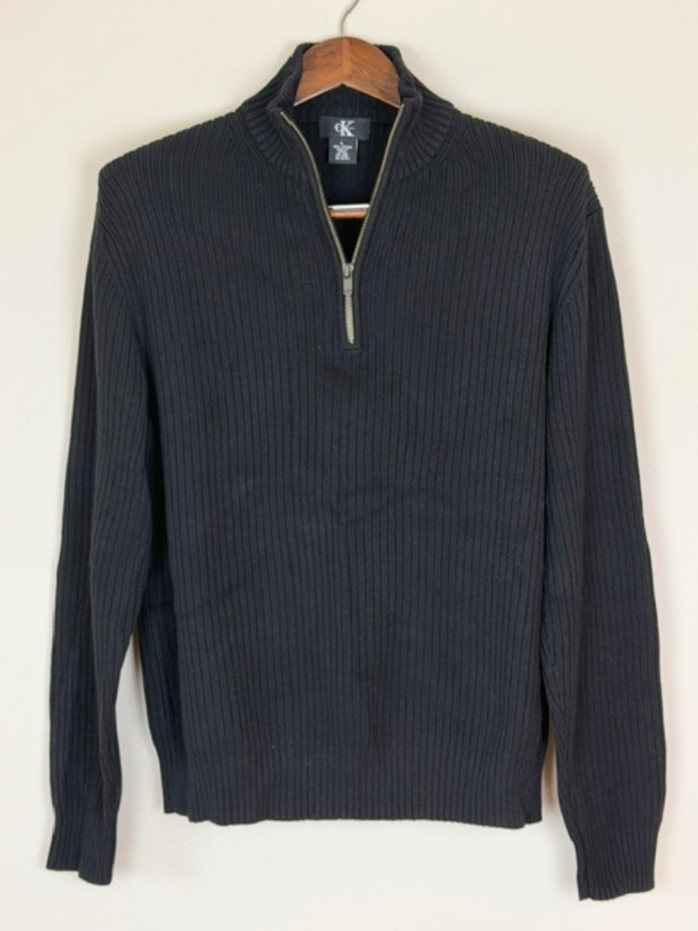 100% Cotton Calvin Klein Black Ribbed Knit Quarter Zip Pullover Sweater Large